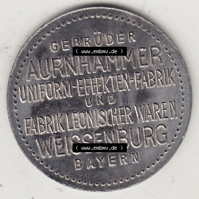 Alte Biermarken Allgemein Gut für 1/2 Liter Bier, Gebrüder Aurnhammer Uniform-EEEEKTEN-Fabrik, Bayern. Rückseite einer Biermarke.... Sammlung