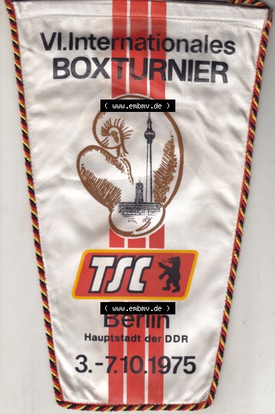 DDR Sportclub Wimpel 1975, VI. Internationales Boxturnier, TSC Berlin Hauptstadt der DDR 3.-7.10.1975. Vorderseite vom Wimpel... Sammlung