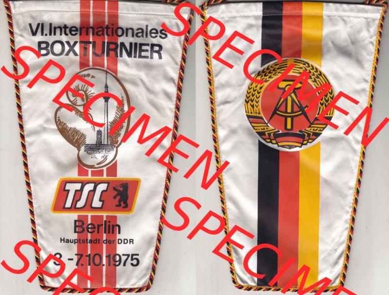 DDR Sportclub Wimpel 1975, VI. Internationales Boxturnier, TSC Berlin Hauptstadt der DDR 3.-7.10.1975. Komplettansicht von einen Wimpel aus der DDR,... Sammlung