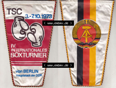 DDR Sportclub Wimpel 1973, IV. Internationales Boxturnier, TSC Berlin Hauptstadt der DDR 3.-7.10.1973. Komplettansicht von einen... Sammlung