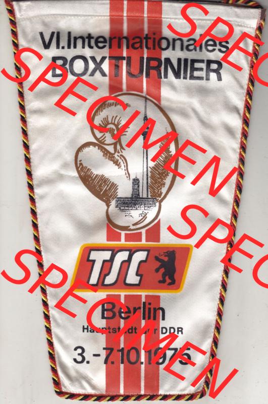 DDR Sportclub Wimpel 1975, VI. Internationales Boxturnier, TSC Berlin Hauptstadt der DDR 3.-7.10.1975. Vorderseite vom Wimpel aus der DDR, Sportwimpel... Sammlung