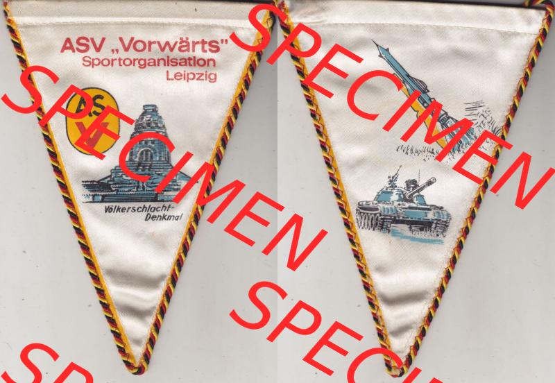 DDR Militär Sportverein ASV Vorwärts Leipzig. Vorderseite und Rückseite als Komplettansicht vom Militär-Wimpel vom Armeesportvereinen in der DDR, als Katalog-Eintragung... Sammlung