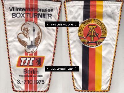 DDR Sportclub Wimpel 1975, VI. Internationales Boxturnier, TSC Berlin Hauptstadt der DDR 3.-7.10.1975. Komplettansicht von einen... Sammlung