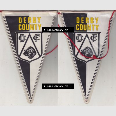 Internationaler Fußball Wimpel Derby County, GBR England Fußballverein. Komplettansicht mit Vorderseite und Rückseite als Bildmaterial vom Fußball-Wimpel von einen Fußballclubs... Sammlung